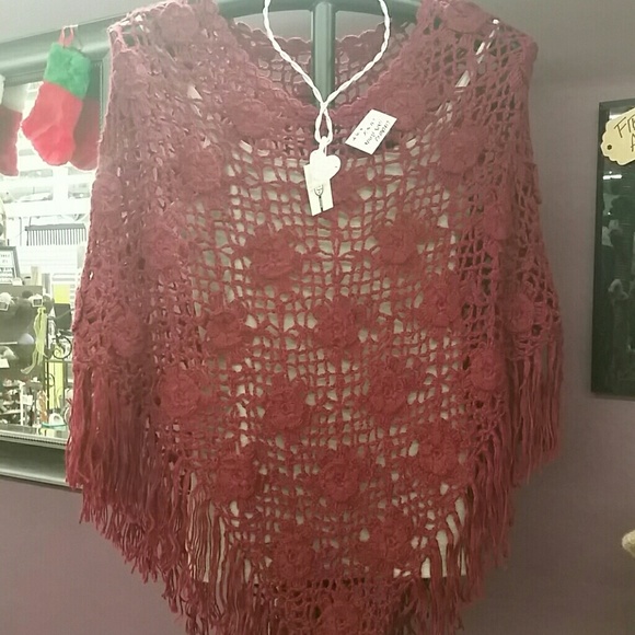 Crocheted roses alpaca poncho.  Burgundy