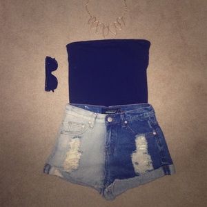 High waisted two tone denim shorts