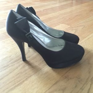 Black Satin Heels with Bow Detail