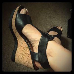 Franco Sarto Black Leather and Cork Wedge Sandals