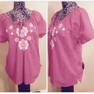 Pink with white embroidered flowers