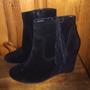 Fringe Black Leather Wedge Ankle Booties