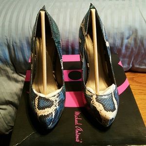 Blue snakeskin platforms w/ spikes on heel