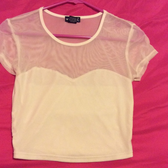 White crop top with upper sheer.