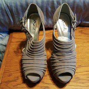 Gray faux suede platform open toe by Qupid