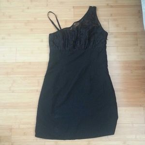 Single strap little black dress with lace upper