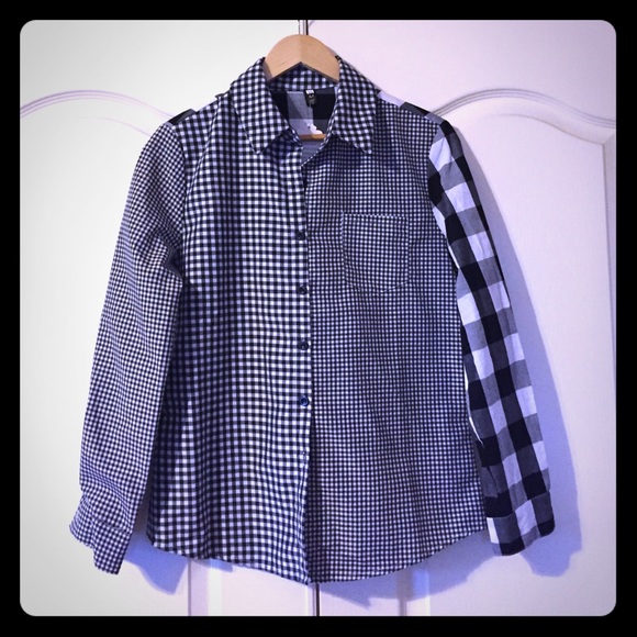 black & white mixed-gingham button down shirt