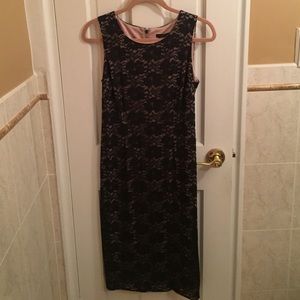 Navy blue/nude metallic lace sheath evening dress