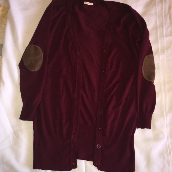 Burgundy Cardigan + Faux Leather Elbow Detail