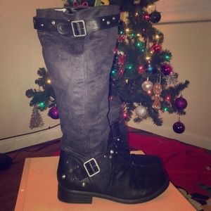 Studded black knee high boots