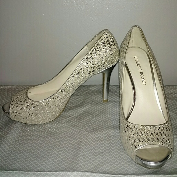 Audrey Brooke Silver Sequin Peep Toe Pumps