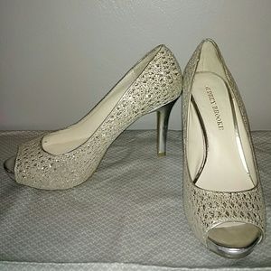 Audrey Brooke Silver Sequin Peep Toe Pumps