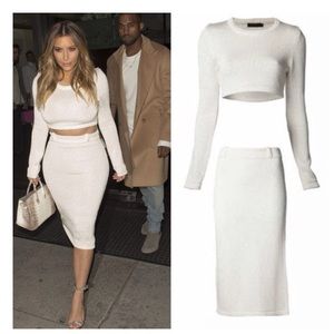 2 PIECE CROP TOP MIDI KNIT SKIRT SET