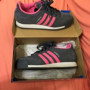 Grey, pink and white Samoa Adidas.