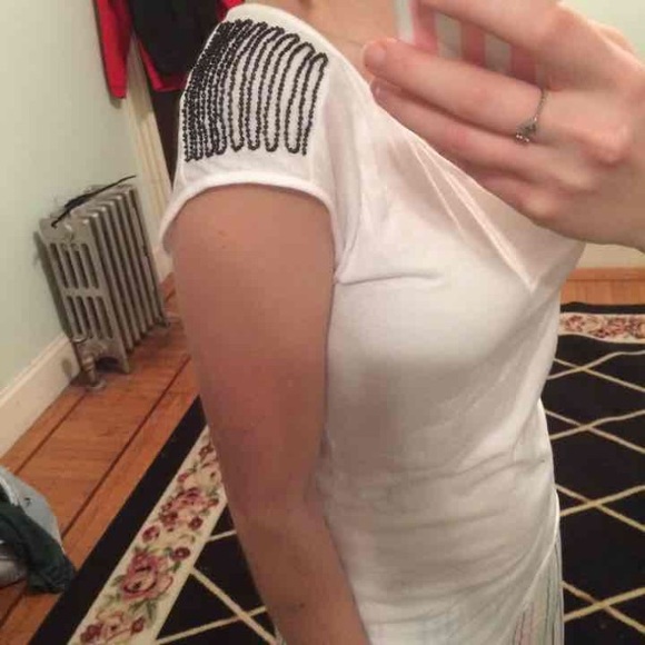 Ann Taylor White Shirt with Black Beaded Shoulders
