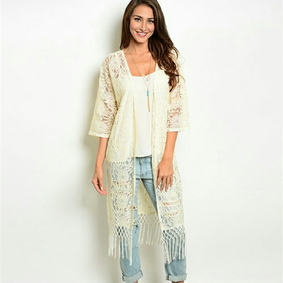 Cream Lace Kimono with Fringes