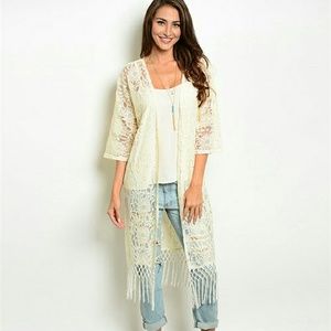 Cream Lace Kimono with Fringes