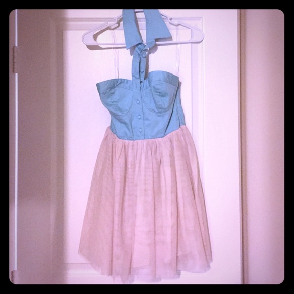 Baby blue/cream halter dress