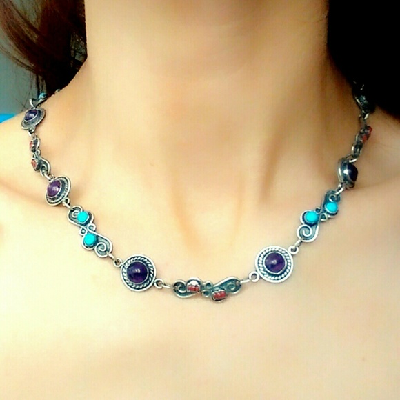 ❌Vintage Matl Amethyst Turquoise Sterling Necklace - Picture 2 of 4