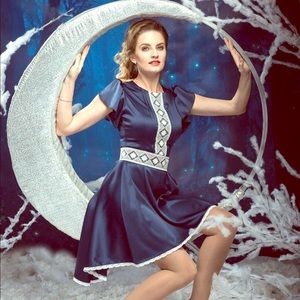 Blue satin dress with French cream lace.