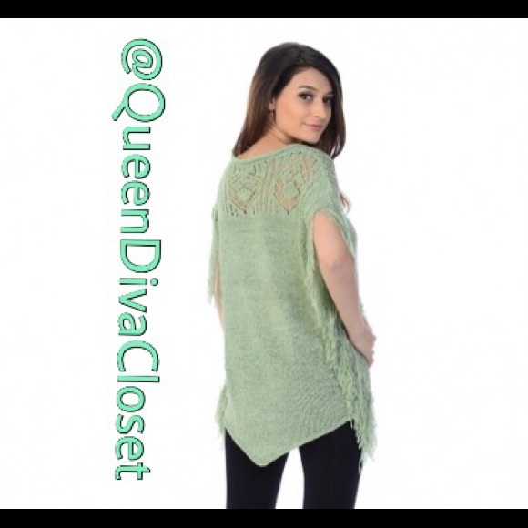 Light green seafoam mint tunic fringe sweater top - Picture 4 of 4