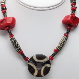 Red coral and bone necklace and bracelet set