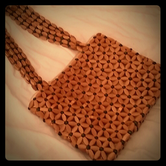 wooden carved flower and bead purse