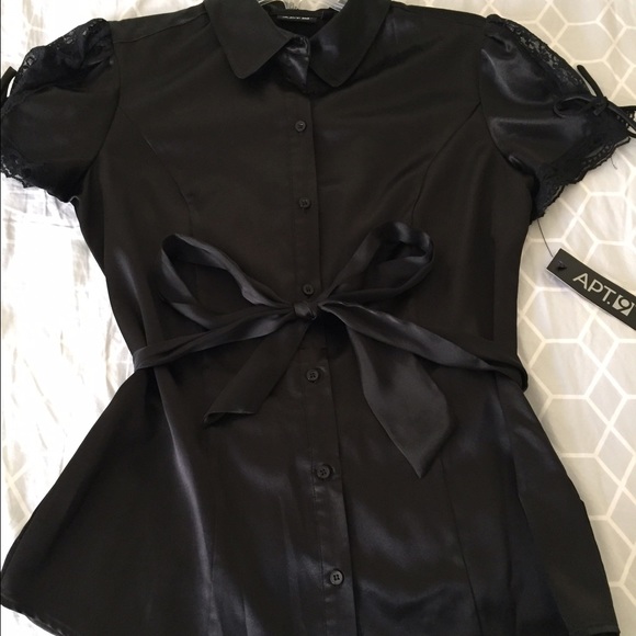 Satin Button Down Blouse with Lace Sleeve detail