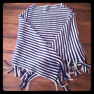 Navy & White Striped Knit Fringe Poncho Sweater