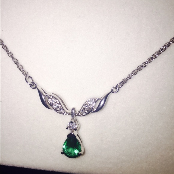 Glass emerald and white cz necklace
