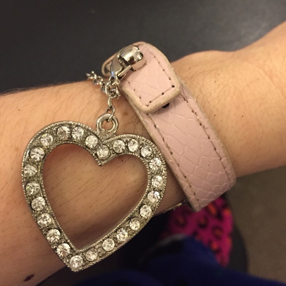 Pink Leather Bracelet with Rhinestone Heart Charm - Picture 1 of 4