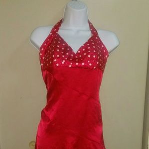 Red polka dot satin asymmetrical dress