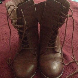 Brown calf high heeled boots