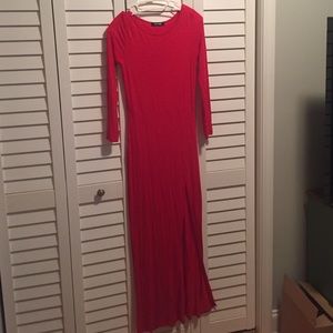 Red long sleeve jersey knit maxi dress