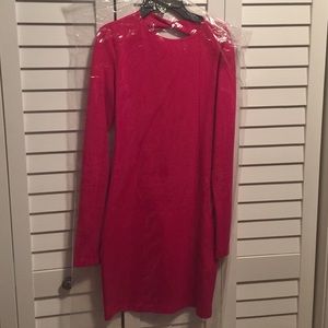 Kittenish long sleeve hot pink knee length dress