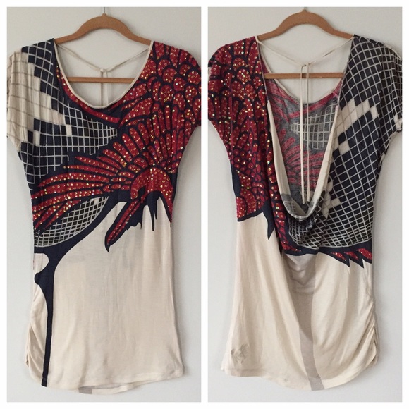 Ringspun Tops - Sequined Bird Backless Tunic