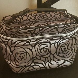 LANCOME Silver MakeUp Case/Bag Black Rose Pattern