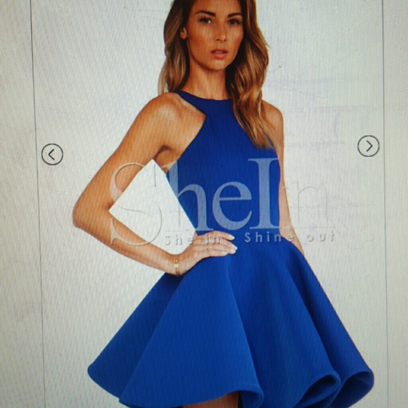 Blue Sleeveless Halter Flare Dress