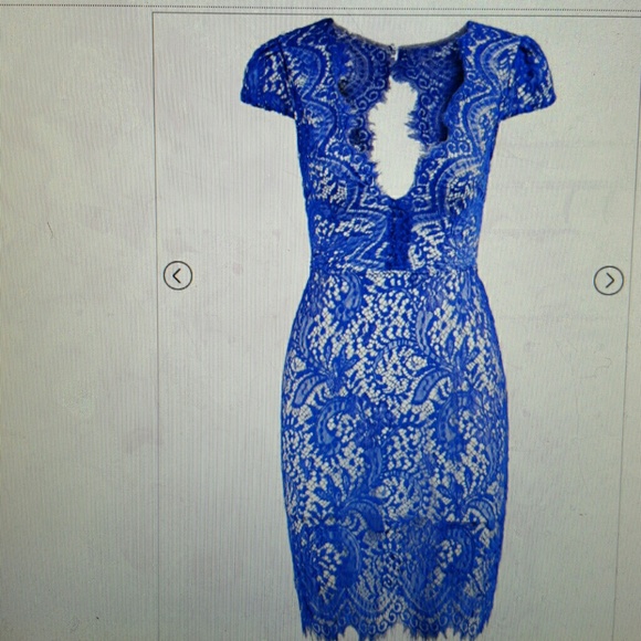 Blue Deep V Neck Short Sleeve Lace Dress