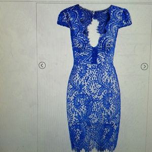 Blue Deep V Neck Short Sleeve Lace Dress