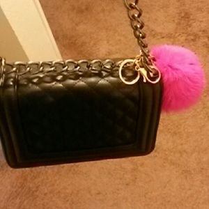 Magenta fuschia pink fur pom pom keychain