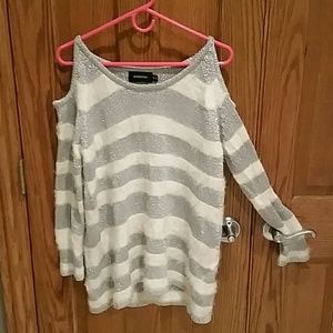 Silver and white metallic cold shoulder sweater