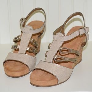 Wedge Sandals with linen, gold, and cork accents