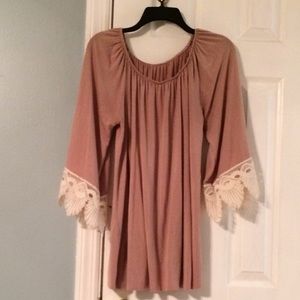 Khaki tunic top with crochet bell sleeves