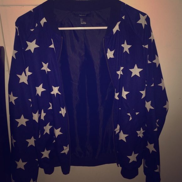 Navy blue bomber jacket with white stars