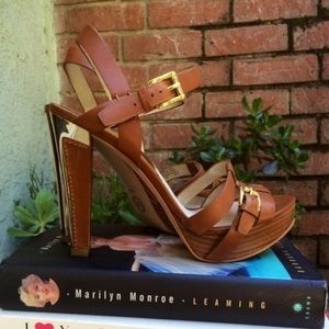 Michael Kors strappy brown leather platform heels