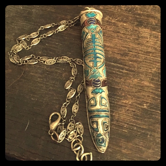 Vintage Jewelry - Amazing vintage long blue enamel pendant necklace