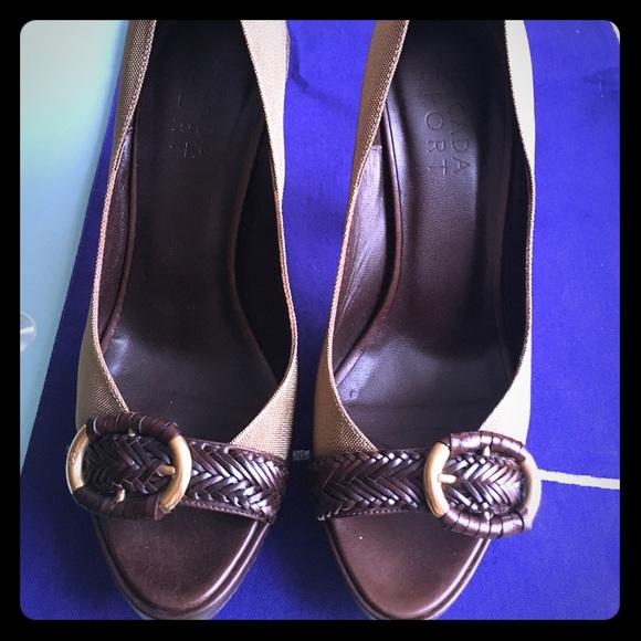 Escada Peep Toe Antique Gold Buckle Pumps