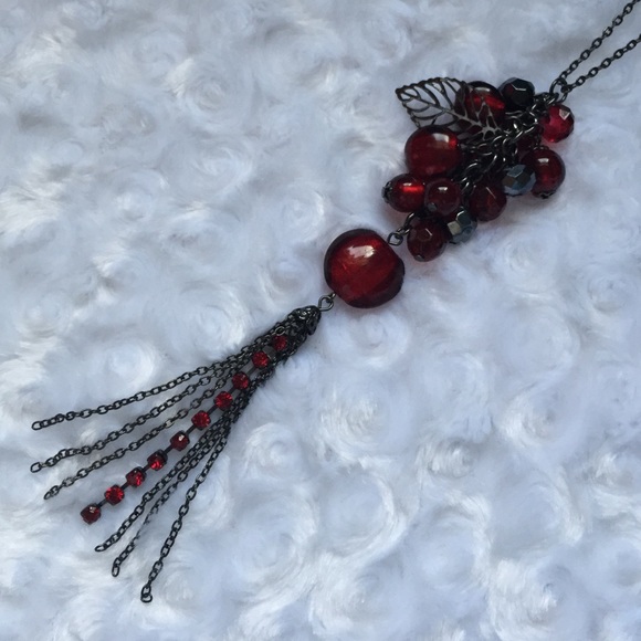 Red Wine Tassel Necklace with Leaf Detail