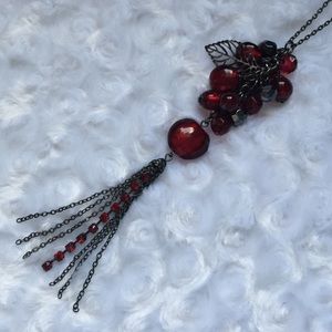 Red Wine Tassel Necklace with Leaf Detail